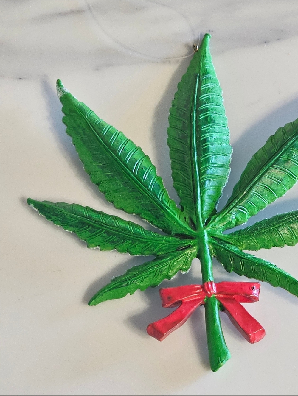 NEW - Green Leaf Ornament with Red Bow Christmas Ornament